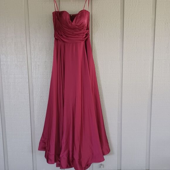 La Femme Women Strapless Slit Satin Ballgown Size 14 Prom Pockets Color Wine - Picture 2 of 12